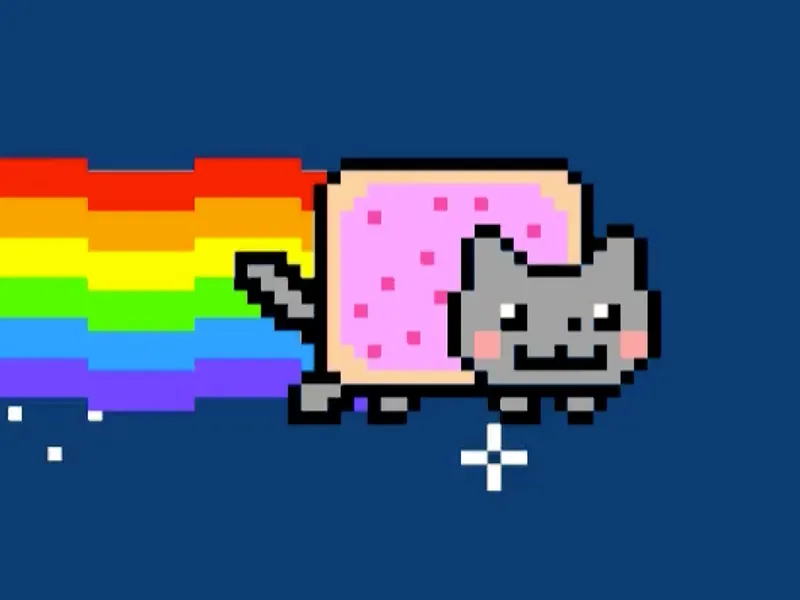 Nyan Cat: pikselowy szary kot z tułowiem z różowej tarty leci po granatowym niebie, ciągnąc za sobą tęczę