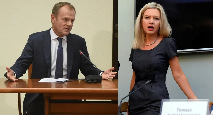 Zestawienie dwóch zdjęć: po lewej Donald Tusk gestykuluje przy stole z mikrofonem, po prawej Małgorzata Wassermann w ciemnej sukience przy mikrofonie