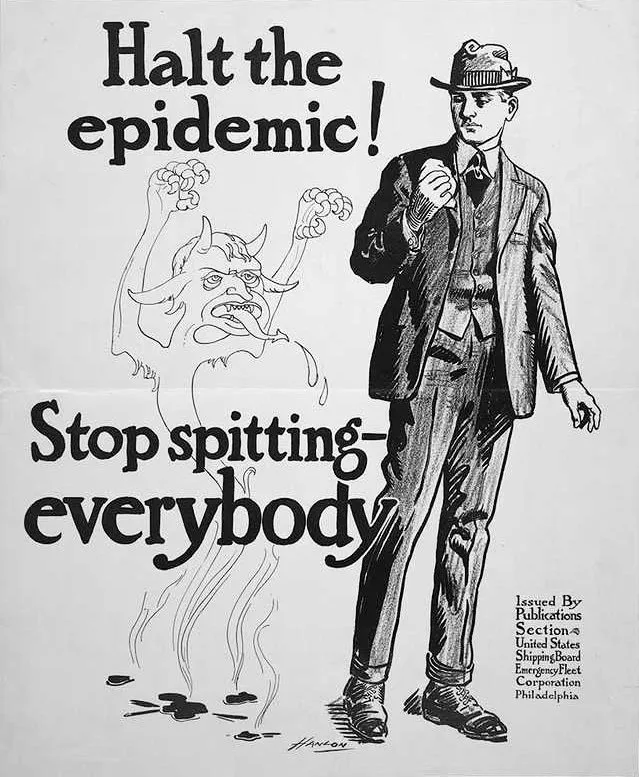 Czarno-biały plakat: mężczyzna w garniturze odwraca się od rysunkowego demona, nad nimi hasło „Halt the epidemic! Stop spitting – everybody”